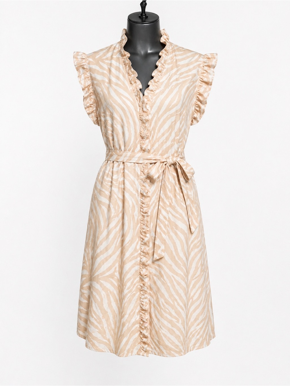 Finley Zebra Print Ruffle‎ Shirt Dress L Belted Neutral Made USA Safari Chic